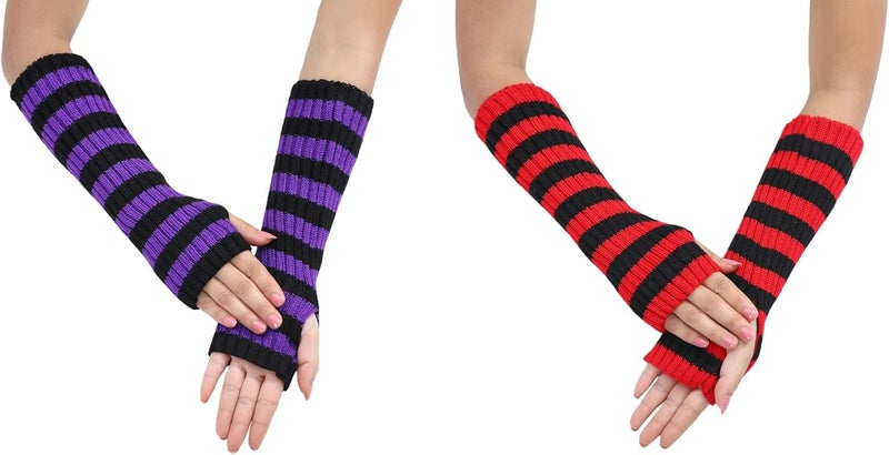 Lauthen.S 2 Pack Y2K Striped Arm Warmers Cute Long Sleeve Fingerless Gloves Gothic Arm Sleeves for Women Costume Accessory - Image 1